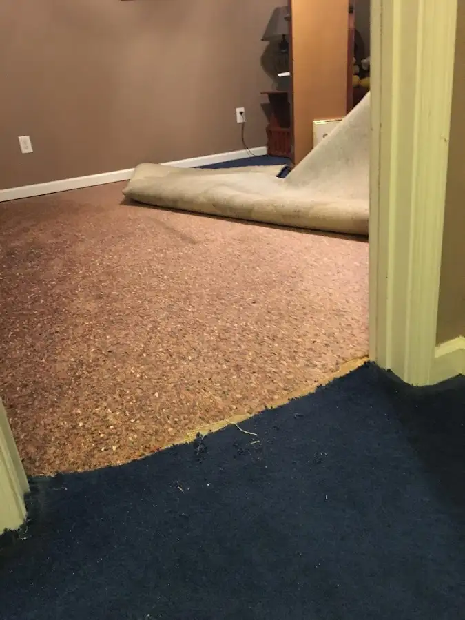 Carpet pad removal revealing water damage during Drying & Dehumidification in Tell City